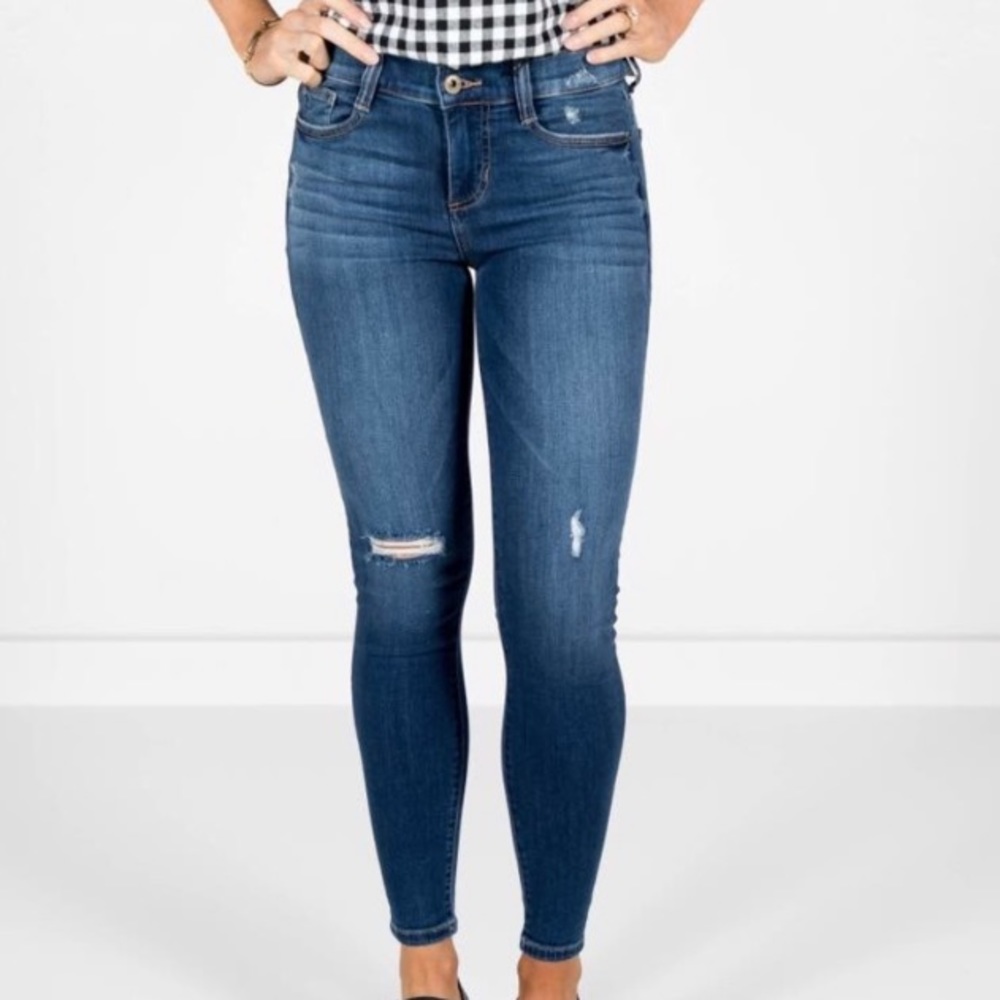 Mid-rise dark wash designer distressed denim NWT